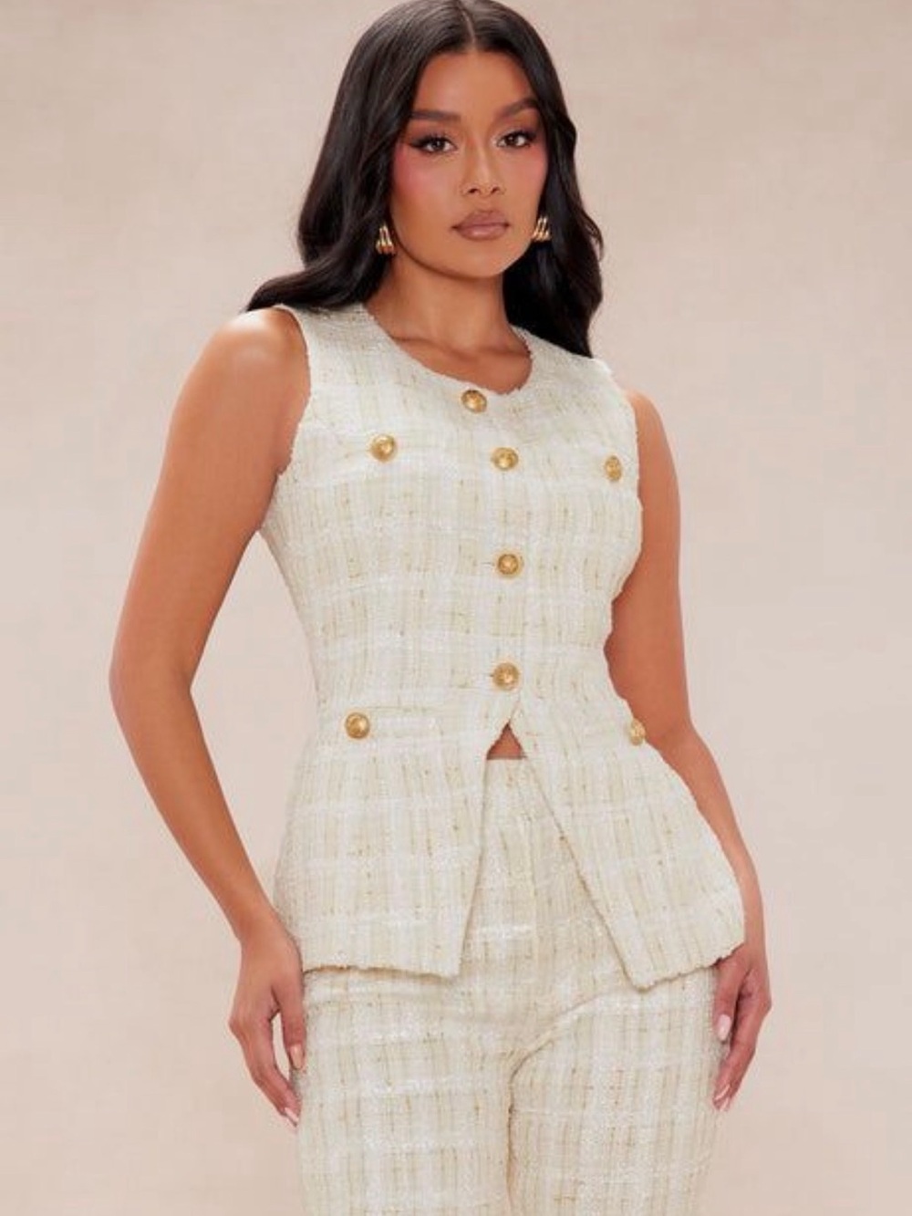 Fashion Nova Cream Tweed Sleeveless Button-Front Pantsuit